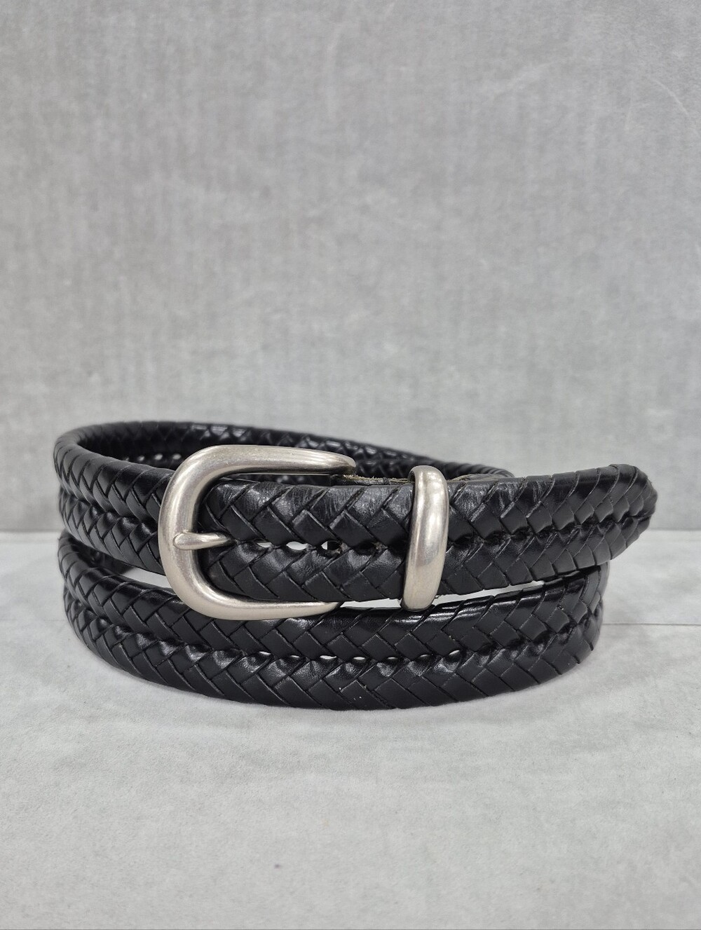 Coach belt men's size 38 black leather woven chunky brushed silver brass buckle